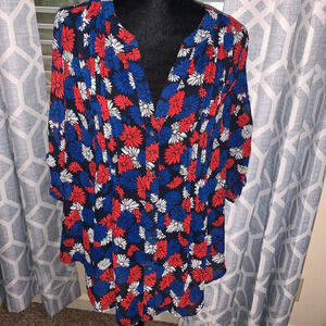 Blouse with Floral pattern V-Neck Roll Tab